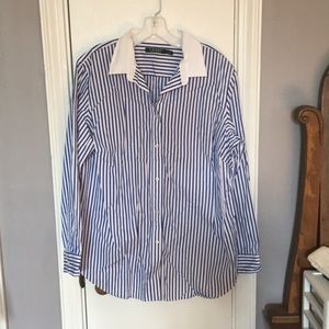 Blue and white striped Oxford style shirt.